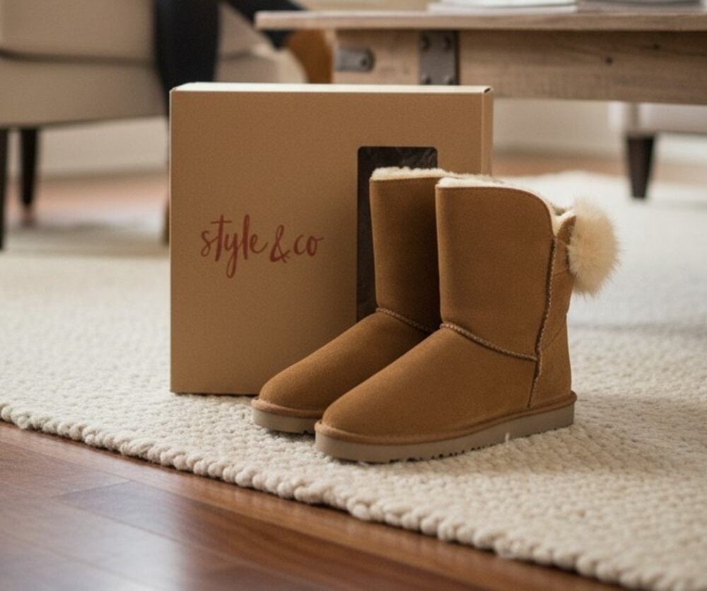 Style & Company Suede Uppers Chestnut Boots Size 9 Faux Fur Lined Mid Calf NWT